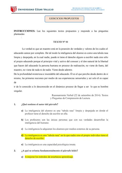 Tarea 1 Ejercicios Propuestos Instrucciones Lee Los Siguientes Textos Propuestos Y Responde A