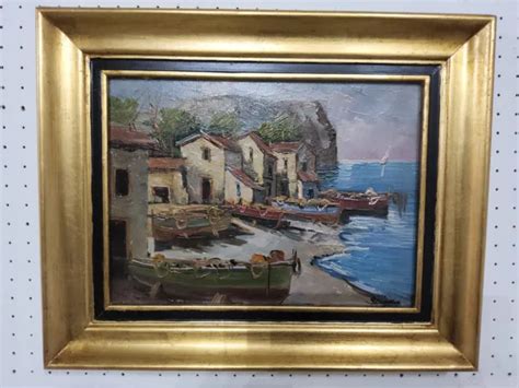 QUADRO PAESAGGIO MARINO Firmato Dipinto A Mano Olio Su Tela Cornice