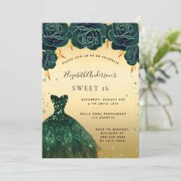 Sweet 16 Emerald Green Gold Dress Floral Invitation Zazzle