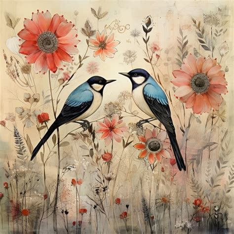 birds  flowers art background  stock photo public domain pictures