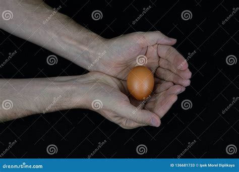 Man Holding One Egg In His Hand On A Black Mat Background Stock Image