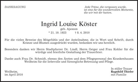 Traueranzeigen von Ingrid Louise Köster trauer merkur de