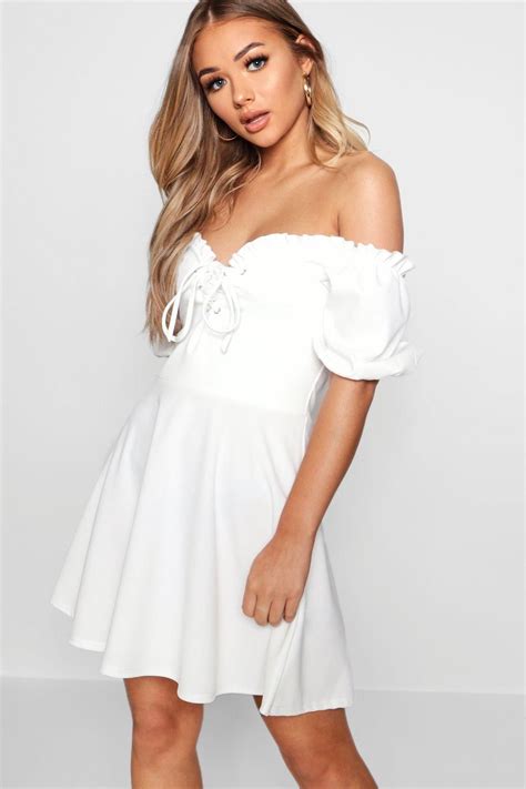 Lace Up Front Puff Sleeve Tea Dress Boohoo Dresses Tea Dress