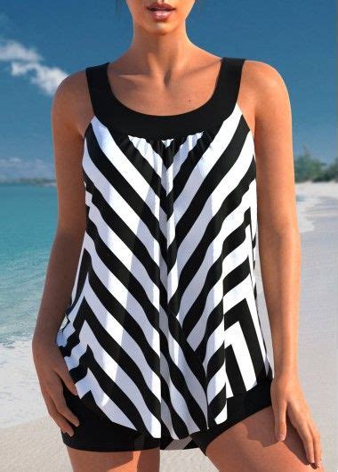 Stripe Print Black Contrast Tankini Top Modlily Usd Swim