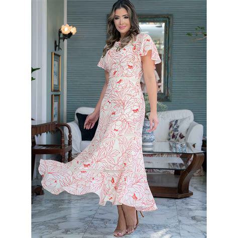 Vestido Longo Em Crepe Estampa Exclusiva Forrado Luciana Pais