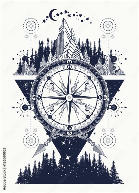 Mountains and antique compass tattoo art. Adventure, travel Stock ...