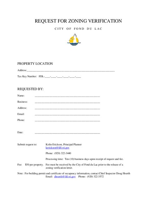 Fillable Online REQUEST FOR ZONING VERIFICATION Fdl Wi Gov Fax Email