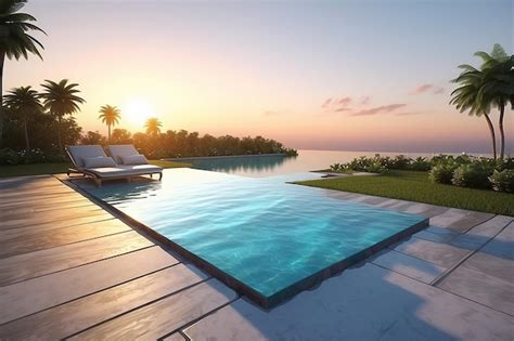 Premium Photo The Edge Of A Pool By Sunset 3d Rendering