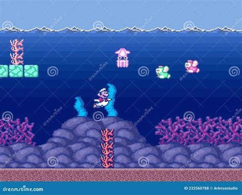 Mario Underwater In Art Of 16 Bit Super Mario Bros Classic Video Game