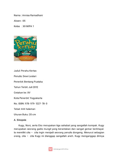 Analisis Novel Perahu Kertas Annisa R Nama Annisa Ramadhani Absen