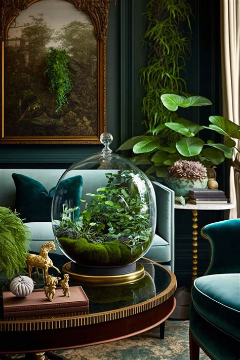 dark academia preppy aesthetic living room  plants vintage wall
