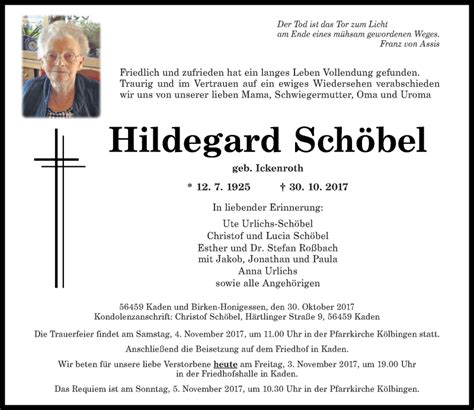 Traueranzeigen von Hildegard Schöbel rz trauer de