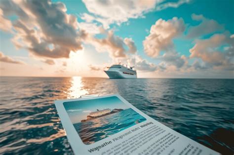 A Cruise Ship Sails By A Tropical Island At Sunset With A Brochure