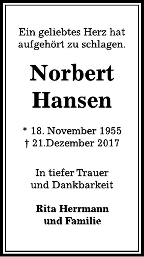 Traueranzeigen Von Norbert Hansen Trauer Anzeigen De