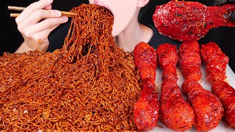 ASMR SPICY BLACK BEAN FIRE NOODLES FIRE CHICKEN FRIED CHICKEN MUKBANG