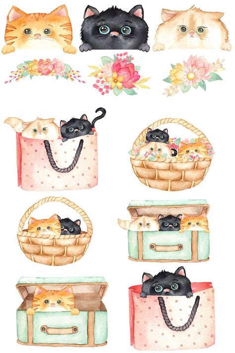 Watercolor Cat Clipart Kitten Clipart Cute Cat Clipart Cats Etsy