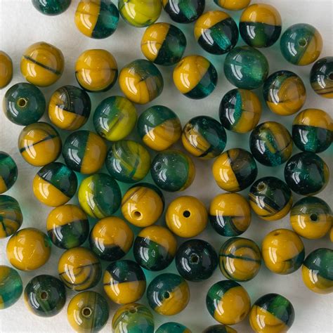 6mm Round Glass Beads Green Ochre Mix 50 Beads Funkyprettybeads