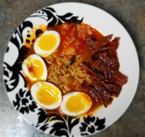 Dressed Up Some Shin Ramyun W Bacon Kimchi Two Soft Boiled Eggs And A Dash Of Soy Sauce R