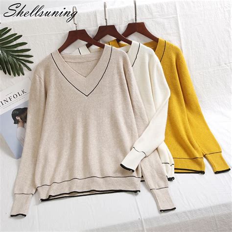 Shellsuning 2018 Autumn Winter Sweater Women V Neck Lines Knitted