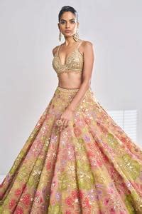 Buy Gold Net Embroidered Floral Plunge V Neck Applique Bridal Lehenga