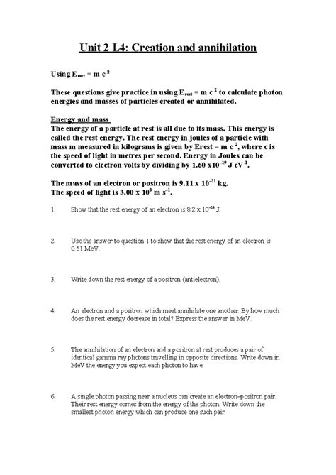 Annihilation And Pair Production Worksheet Unit 2 L4 Creation And Annihilation Using Erest