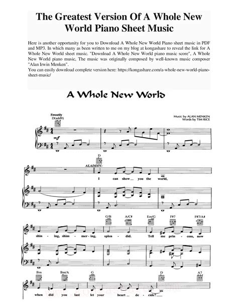 Alan Menken A Whole New World From Aladdin Sheet Music Off