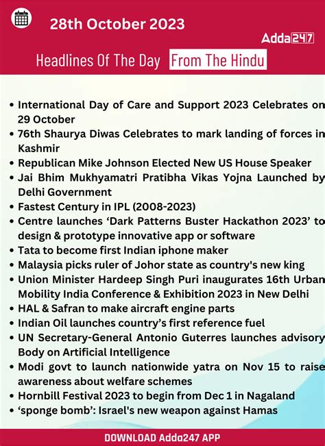 Daily Current Affairs 28 October 2023 Important News Headlines Daily