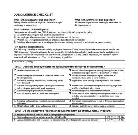 Sample Due Diligence Checklist Template 9 Free Documents In Pdf Word