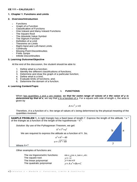 Diff Calc Module 1 Functions Limits Continuity Pdf Function