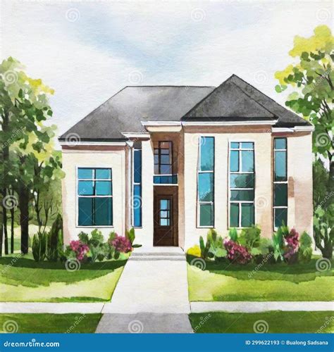 Watercolor of Modern House Home House Design Stock Illustration ...