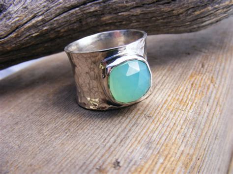 Wide Sterling Silver Aqua Chalcedony Gemstone Chunky Ring Etsy Canada