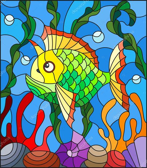 Ilustraci N En Estilo Vitral Con Peces Ex Ticos Coloridos Abstractos En