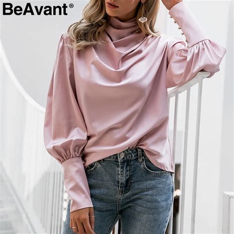 BeAvant Vintage Turtle Neck Satin Blouse Women Pink Long Sleeve Pleated