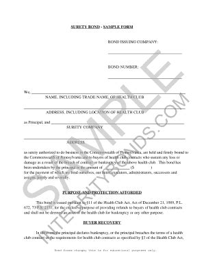 Fillable Online Pennsylvania Health Club Bond Form Surety Bond Fax