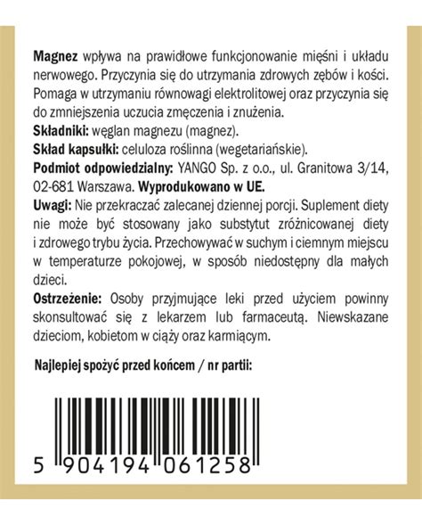 Yango Węglan magnezu 90 kaps Mięśnie Układ Nerwowy Be Effective