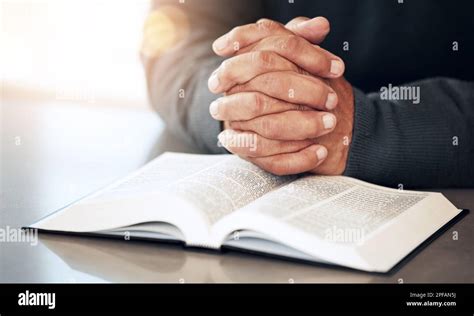 Bible Hands And Prayer Of A Man Reading Christian Text For Spiritual