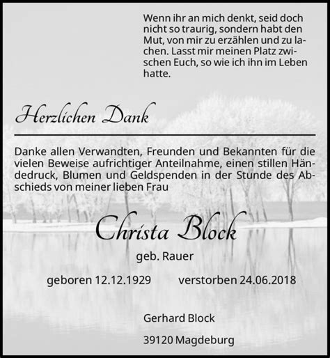 Traueranzeigen Von Christa Block Geb Rauer Abschied Nehmen De