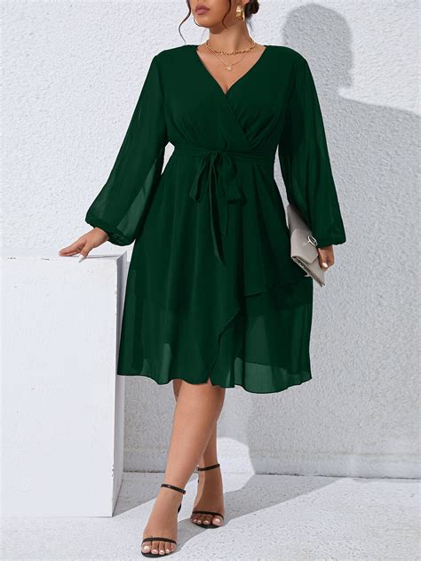 Plus Lantern Sleeve Overlap Collar Belted Chiffon Dress Shein Usa