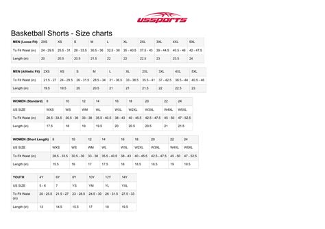 Basketball Shorts Size Chart Ussports Download Printable Pdf