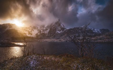 Sunlight Landscape Mountains Boat Sunset Sea Lake Nature