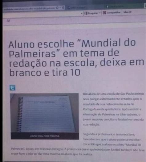 Aluno escolhe Mundial do palmeiras em tema de redação na escola