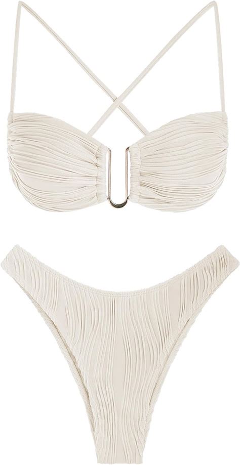 Amazon Zaful Women S Bikini Sets Ribbed Sexy High Cut Thong Bikini Swimsuit Metal U Ring
