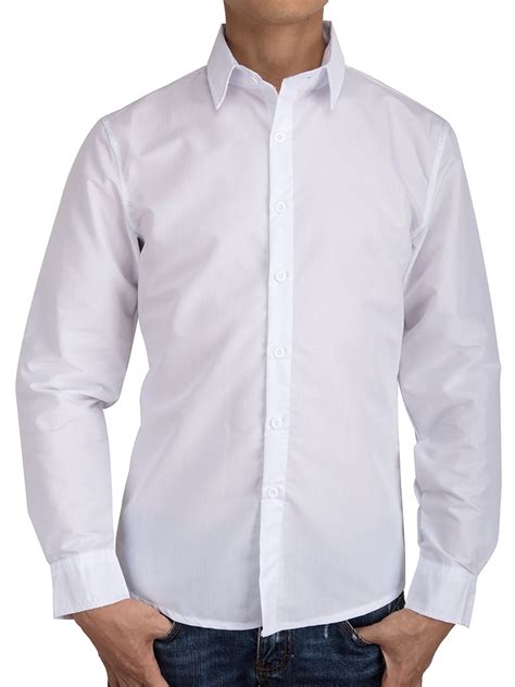 Sayfut Men S Slim Fit Solid White Dress Shirt Long Sleeve Casual Button