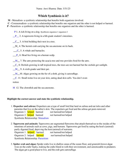 Symbiosis Worksheet Name Anvi Sharma Date Which Symbiosis Is