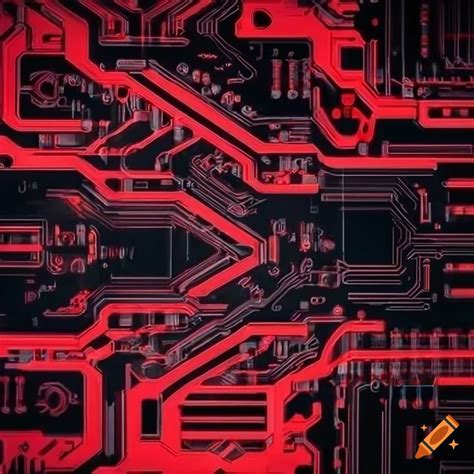 Abstract Artwork Of Black And Glowing Red Printed Circuits Boards With