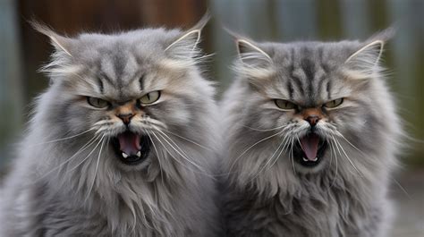 Two Long Haired Gray Cats With Their Mouths Open Background Mean Cat Pictures Background Image