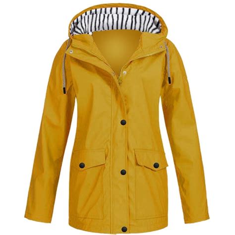 Women Solid Rain Jacket Outdoor Plus Waterproof Hooded Raincoat Windproof Yellow Xxxxxl