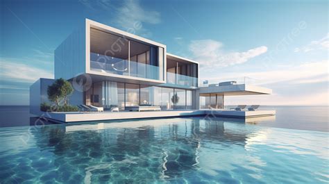 Contemporary House With A Beachfront Infinity Pool In 3d Rendering