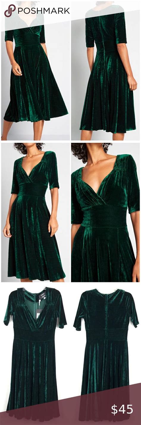 Emerald Green Velvet Midi Dress Vintage Inspired Style