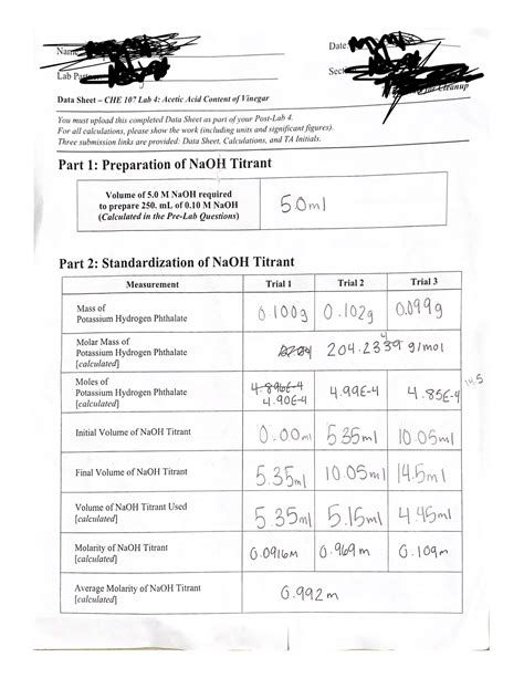 Data Sheet Che Lab Acetic Acid Content Of Vinegar Fch